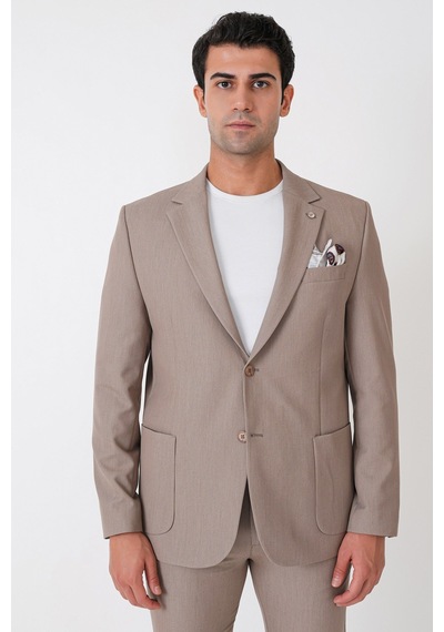 Comfort Fit Esnek Pamuklu Torba Cep Bej Blazer Ceket C 743