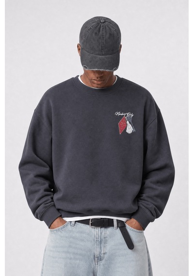 Respire Erkek Members Only Baskılı Oversize Sweatshirt Füme