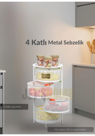 4 Katlı Sebzelik Açılır Metal Patates Soğan Sepeti Paslanmaz Meyvelik Organizer Sepet Beyaz Beyaz