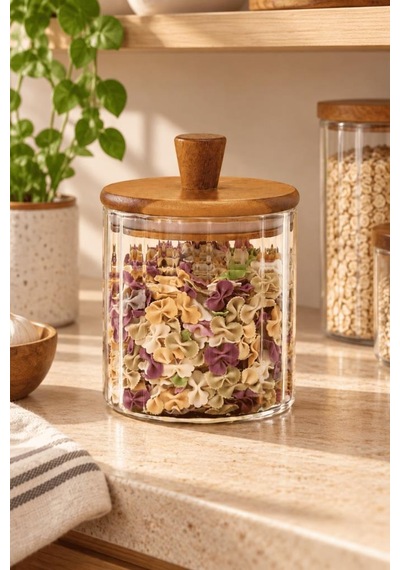 Atbyhome Akasya Ahşap Kapaklı Çizgili Cam Kavanoz 600 Ml - Vakumlu Erzak Ve Baharat Kabı