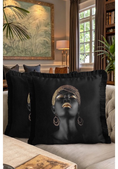 Lüks Afro Portre Saçaklı Yastık Kılıfı - Afrika Esintili Bohem Siyah Püsküllü Kırlent Kılıfı Koyu Gece Kahve