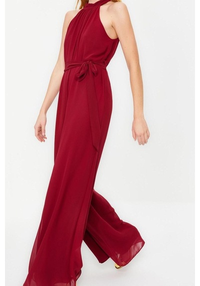 Ersefa Kadın Moda Standart Kol Geniş Paça Halter Yaka Uzun Kuşaklı Maxi Bordo