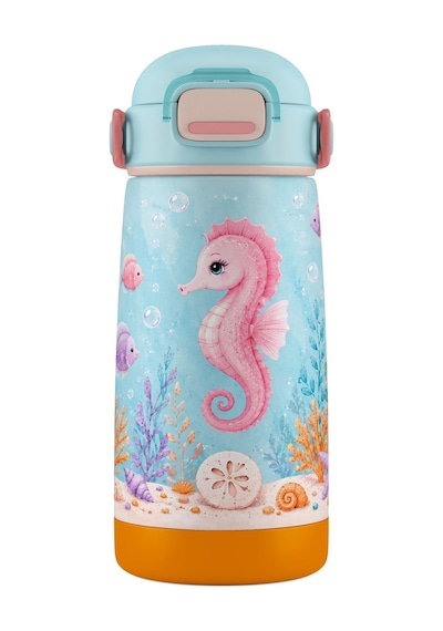 Puccon Mor Turkuaz Denizatı Baskılı Kız Çocuk 420 Ml Çelik Matara/suluk/termos - 60025 Pembe - Mavi