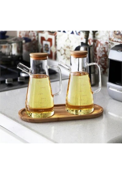 2x900 Ml Standlı Cam Yağlık Seti Sütlük Sosluk Vakumlu Bambu Kapaklı Borosilikat