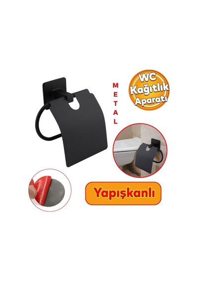 Yapışkanlı Siyah Paslanmaz Metal Kapaklı Tuvalet Kağıtlığı Aparatı Çok Renkli