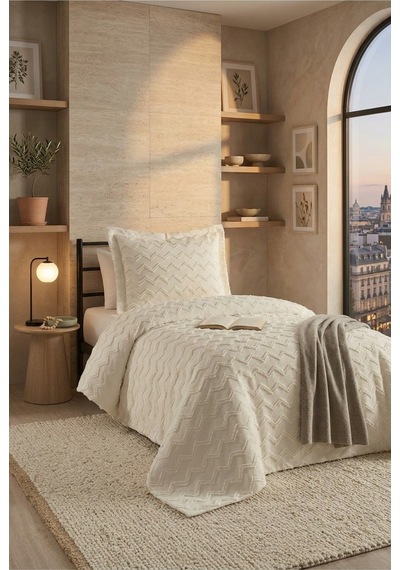 Tek Kişilik Yatak Örtüsü 180 X 260 Cm Valonlu Model 1 Adet 50 X 70 Yastık Kılıfı Ekru-ekru