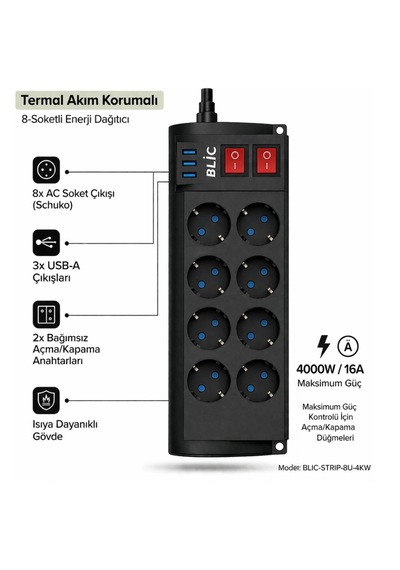 Termal Akım Korumalı Çoklu Priz Blic Ftr-08 4000w 8ac-3x Usb Işıklı Power 0.2 M