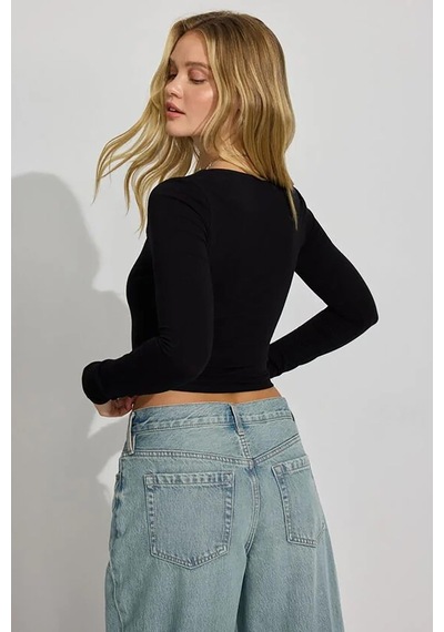 Seeh Siyah Kare Yaka Uzun Kollu Kadın Body Sh206