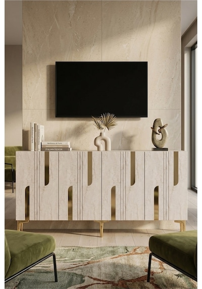 Ka1831btg Nota Konsol Ve Tv Sehpası Beyaz-traverten-gold 180cm Beyaz - Traverten - Altın