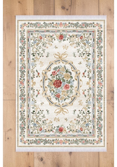 Vintage Gül Desenli Krem Fransız Klasik Şık Salon Oturma Odası Yıkanabilir Kaymaz Taban Kilim Krem Krem