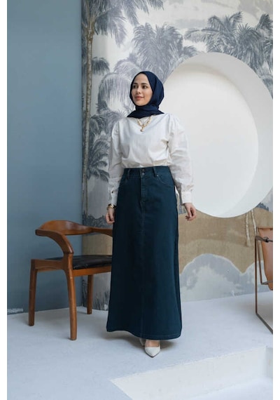 2254-denim Klasik Etek Petrol Petrol