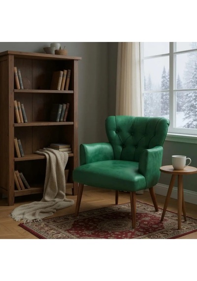 Waterybrook Tekli Berjer Koltuk - Kapitoneli Suni Deri - Ceviz Ahşap Ayaklı - Retro Modern Tasarım Yeşil