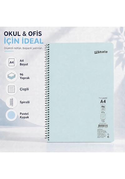 Mynote Flex Pastel A4 96 Yaprak 60 Gr Spiralli Çizgili Defter Turkuaz