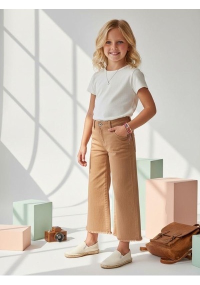 Zekids Kız Çocuk Pamuklu Paçaları Püsküllü Pantolon-16677 Camel