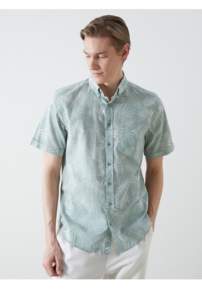 Lcwaıkıkı Classic Turkuaz Regular Fit Kısa Kollu Desenli Poplin Erkek Gömlek