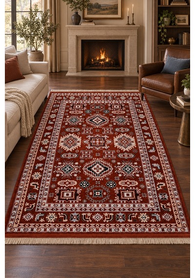 Sarpaz Otantik Kilim Anadolu Desenli Modern Salon Oturma Odası Kaymaz Taban Robot Süpürge Uyumlu Kolay Temizlenebilir Hali Kiremit
