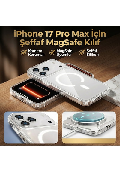Apple iPhone 17 Pro Max Uyumlu Kamera Korumalı Magsafe Wireless Şarj Özellikli Lüks Şeffaf Silikon Telefon Kılıfı Resimdeki