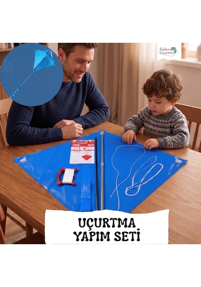 Uçurtma Yapım Seti / Naylon Elmas / Plastik Çıtalı / Mavi