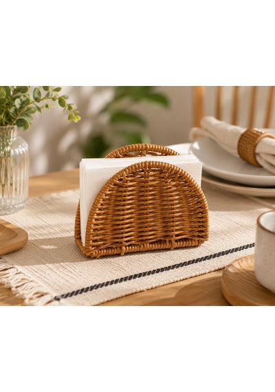 El Örgüsü Rattan Peçetelik Ahşap Görünümlü Masa Peçete Düzenleyici Çok Renkli