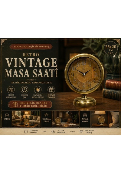 Tr Retro Eskitme 25 X 20 Cm Metal Şık Masa Saati Genel