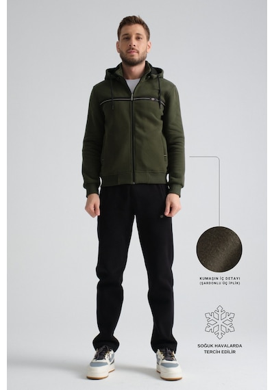 Shooter Sportswear Shooter Erkek Kışlık Eşofman Takımı Şardonlu Üç Iplik Kapüşonlu Regular Kalıp Haki