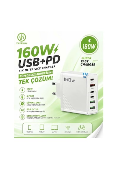 Yk Desıgn Yk85 160w Pd/usb/pd 6 Çıkışlı Şarj Başlığı Beyaz