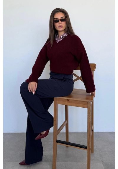 Madmext Bordo V Yaka Triko Kadın Kazak Mg2501 Bordo