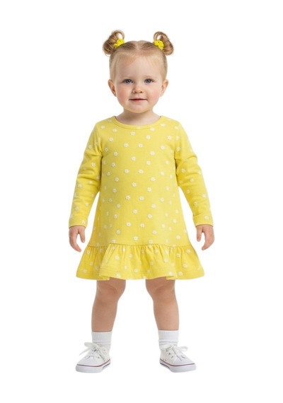 Çiçekli Uzun Kol Kız Bebek Elbise St09754 Sari