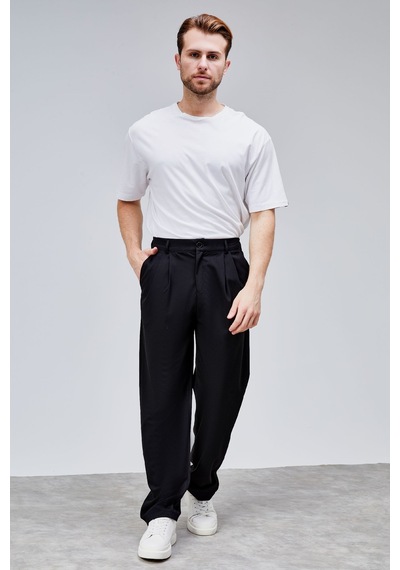 HLT Jeans Erkek Siyah Çift Pileli Rahat Kesim Beli Lastikli Bol Paça Baggy Pantolon Albert-1988 Siyah