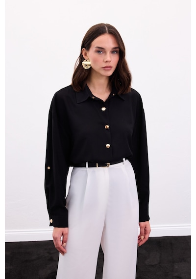 Sateen Çıtçıt Detaylı Gömlek - Siyah-136896 Siyah
