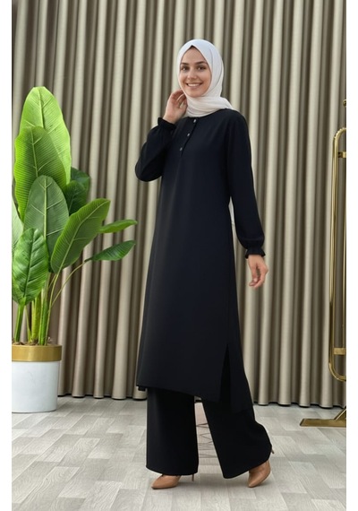 Mismoly Tesettür İkili Takım Uzun Tunik Bol Paça Pantolon 4006-siyah Siyah