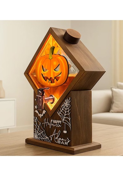 Bk Gift Kişiye Özel Halloween Tasarımlı Viski Çeşmesi Led Işıklı Ve Balkabağı Oymalı Tasarımlı Özel İsimli Cadılar Bayramı Ahşap Viski Çeşmesi Sarı
