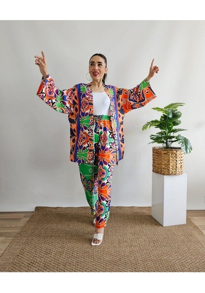 İpli Turuncu Renk Etnik Desenli Viskon Kumaş Kimono Takım Turuncu