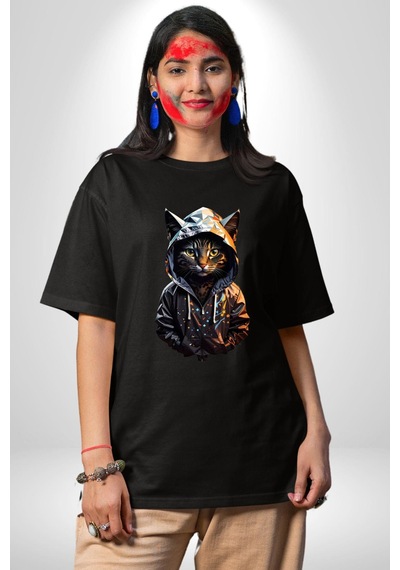 Hip Hop Gençlik Kedi Çeket Pamuklu Bisiklet Yaka Unisex Oversize Boyfriend Dijital Baskılı Siyah T-shirt Siyah