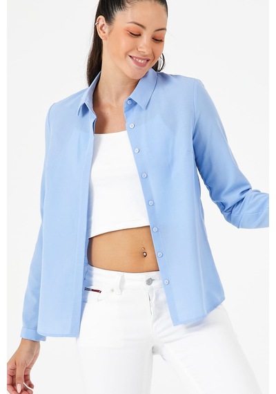 Pera Moda Kadın Basic Kesim Vücudu Saran Likralı Gizli Düğme Özellikli Gömlek Mavi