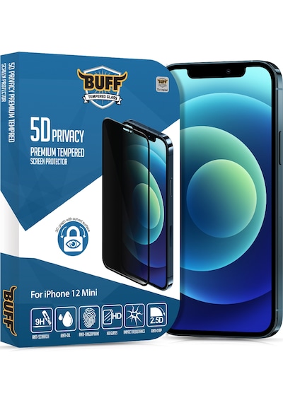 Buff Apple iPhone Uyumlu 12 Mini  Paket - 2x5d Ekran Koruyucu + Şeffaf Kılıf + Lens Koruyucu Privacy Hayalet