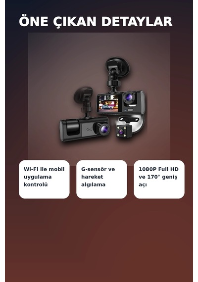 1080p Full Hd 3 Kameralı Wi-fi Destekli Araç İçi Yol Kayıt Kamerası 170 Derece Geniş Açı