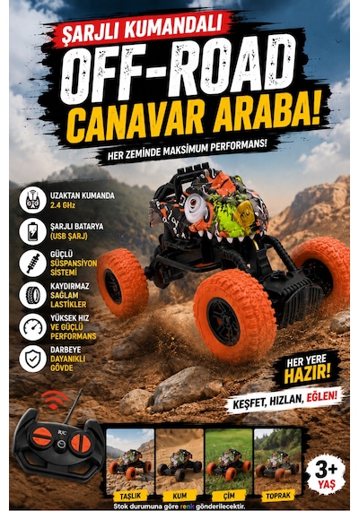 Uzaktan Kumandalı Şarjlı Off-road Canavar Araba 2.4 Ghz Güçlü Süspansiyonlu Turuncu