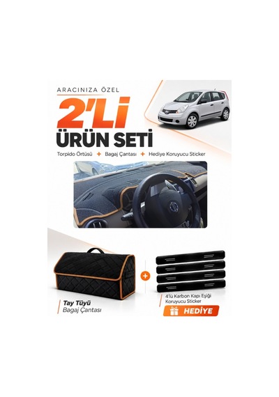 Nissan Note E11 2005-2009 Uyumlu Torpido Örtüsü + Tay Tüyü Çanta + Sticker - Siyah Kahverengi