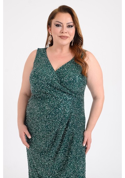 Lilas Xxl Kadın Büyük Beden Kruvaze Yaka Full Taş İşlemeli Kolsuz Abiye Elbise 9675 Yeşil Yeşil