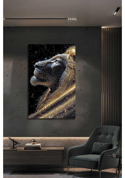 Altın Parıltılı Aslan Modern Parlak Cam Tablo Lüks 4mm Temperli Hayvan Figürlü Dekoratif Duvar Tablosu, Salon, Ofis Ve Çalışma Alanı Dekoru,