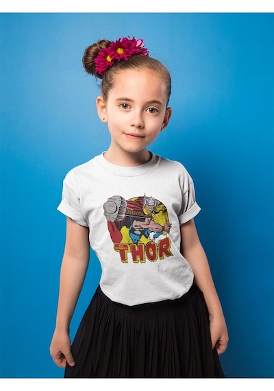 Sevbano Tasarım Thor Baskılı Unisex Film Kahramanı Çocuk Tişört 1-12 Yaş Beyaz