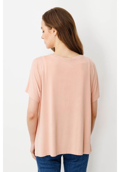 Kadın Sıfır Yaka Boncuk İşlemeli Penye T-shirt Somon Somon