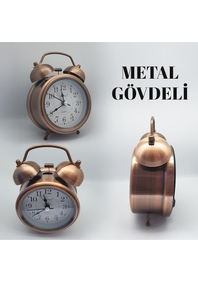 Upway Tokmaklı Çanlı Yüksek Zil Sesli Metal Kasalı Pilli Işıklı Retro Nostaljik Çalar Saat