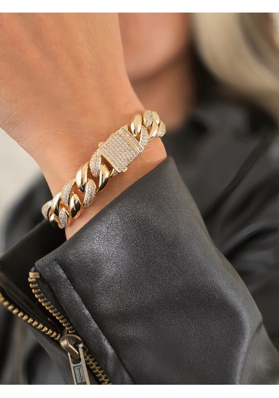 Eva Takı Store Küba Zinciri 14k Vip Seri Cuban Lınk Hip Hop Rhinestone Çelik Bileklik Altın