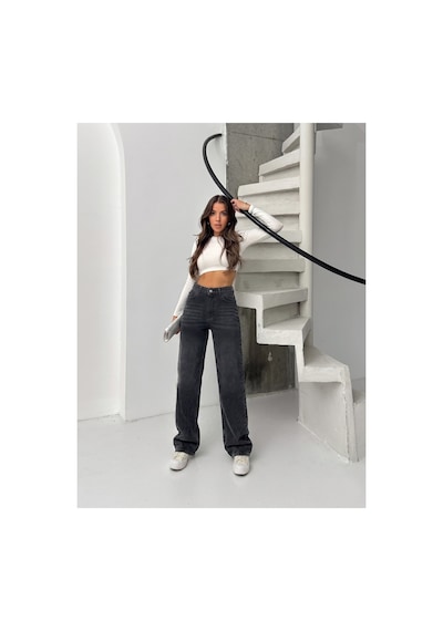 Bluemarlin Siyah İşlemli Yüksek Bel Straight Denim Pantolon Siyah İşlemli