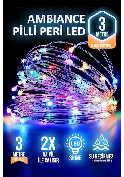 Dekoratif 3 Metre Rgb Pilli Peri Led Aydınlatma Fonksiyonlu Parti Yılbaşı Süsleme RGB