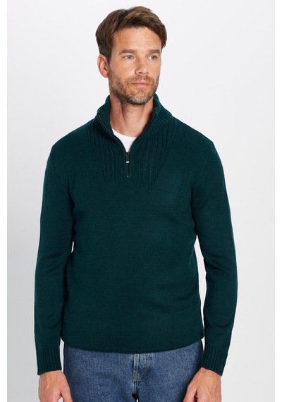 Tudors Erkek Slim Fit Dar Kesim Armürlü Fermuarlı Yeşil Dik Yaka Kazak-31397