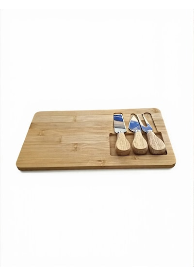 Doğal Bambu Bıçaklı Peynir Servis Sunum Tabağı Kahvaltı Sunum Tahtası Seti 4 Parça 30x17 Cm Kahverengi
