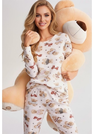 Siyah İnci Yumuşak Tuşe Kışlık Fitilli Pamuklu Örme Pijama Takım 7956 Beyaz Ayıcık